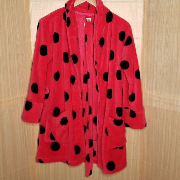 Pink Victoria's Secret Womens Pink Plush Robe Black Polka Dots XS/S - Picture 1 of 8
